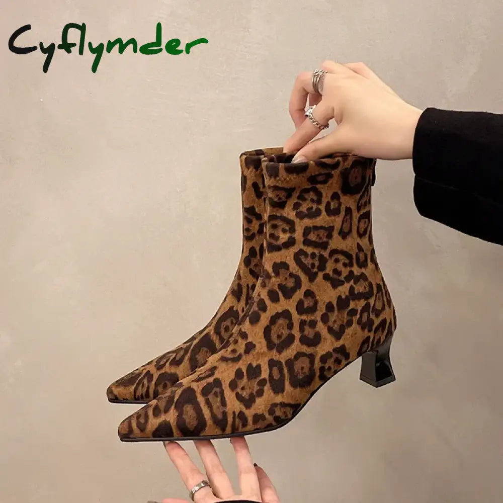 Cyflymder Designer Leopard Print Women Ankle Boots Fashion Pointed Toe Short Booties Concise Thick Heels Botas De Mujer