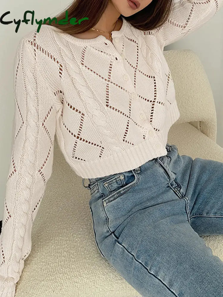 Cyflymder - Diamonds Eyelet Button Up Knit Top Cardigans