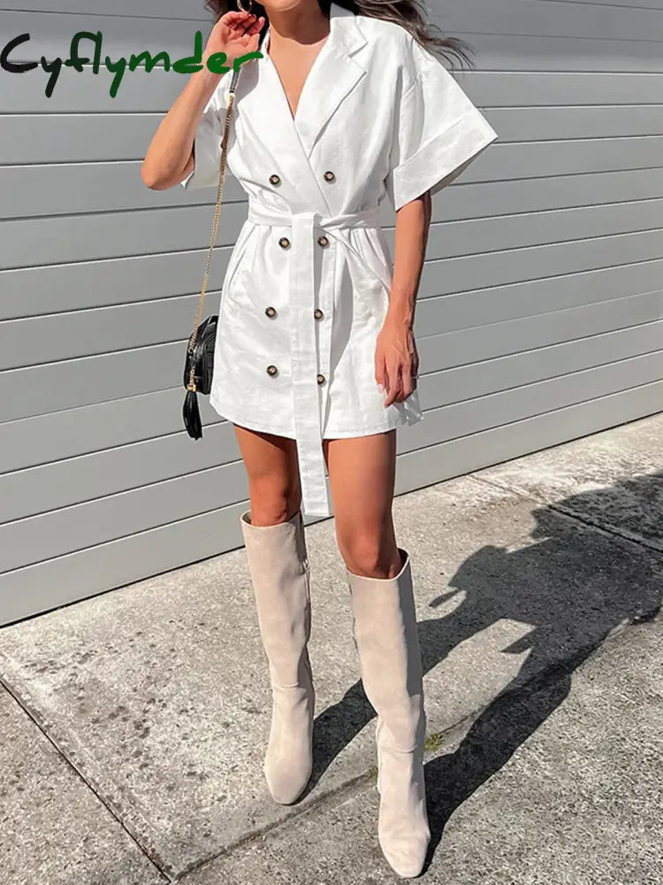 Cyflymder - Double Breasted Tied Short Shirt Dress Dresses