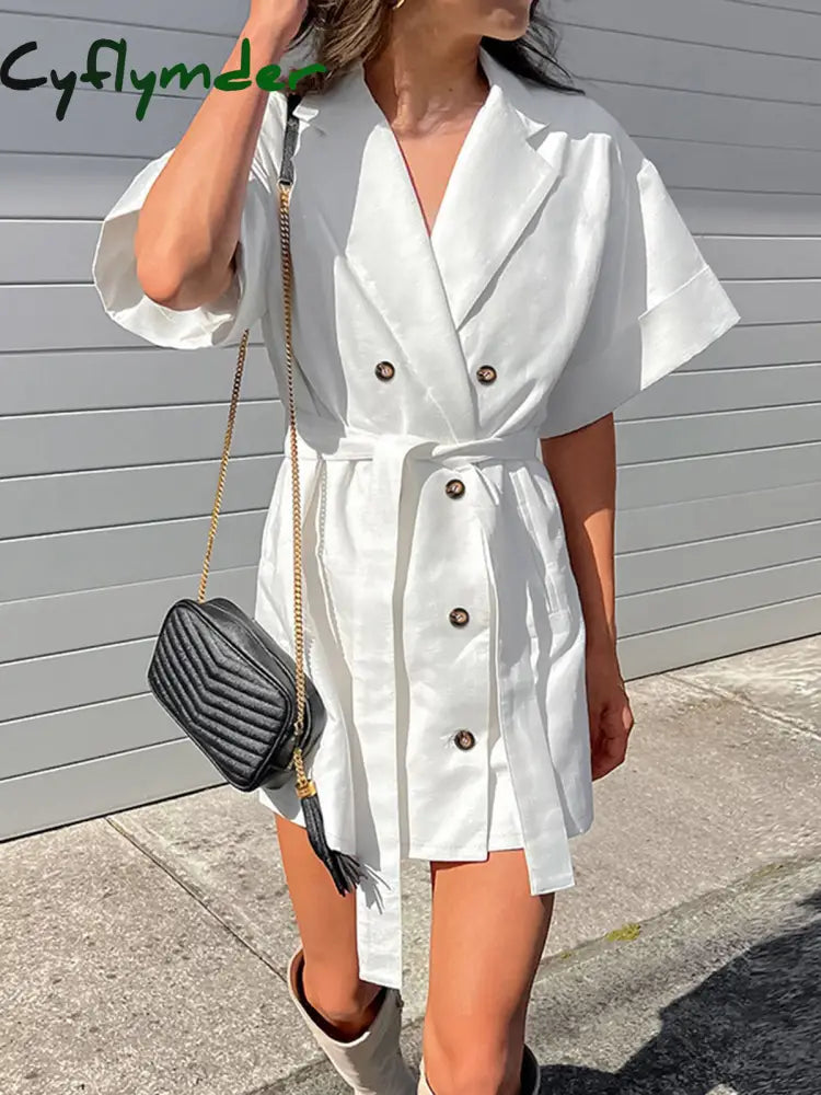 Cyflymder - Double Breasted Tied Short Shirt Dress White / S Dresses