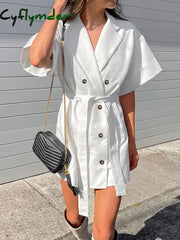 Cyflymder - Double Breasted Tied Short Shirt Dress White / S Dresses