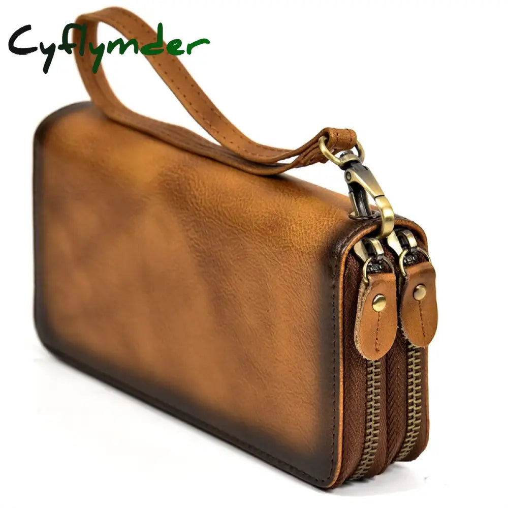Cyflymder Double Zipper Women Men Long Wallet Vintage Leather Male Clutch Purse Man Phone Card Coin