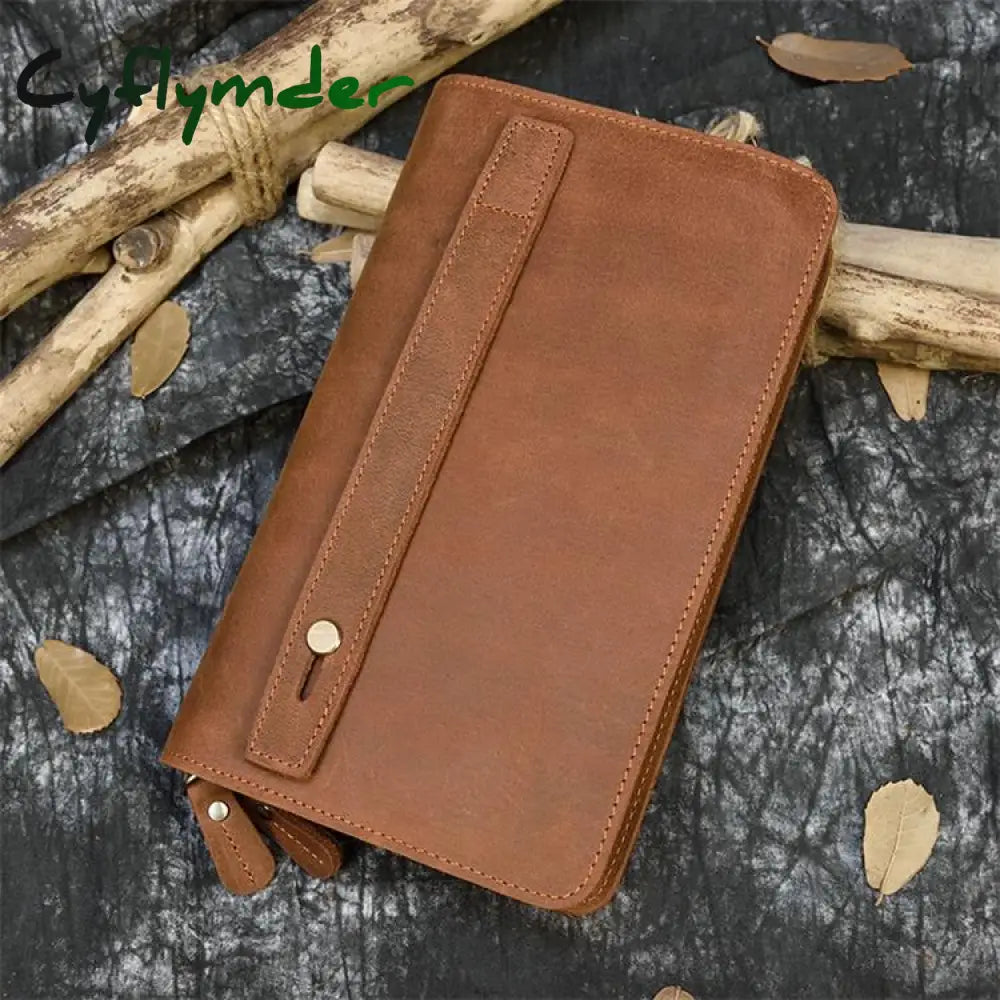Cyflymder Double Zipper Women Men Long Wallet Vintage Leather Male Clutch Purse Man Phone Card Coin