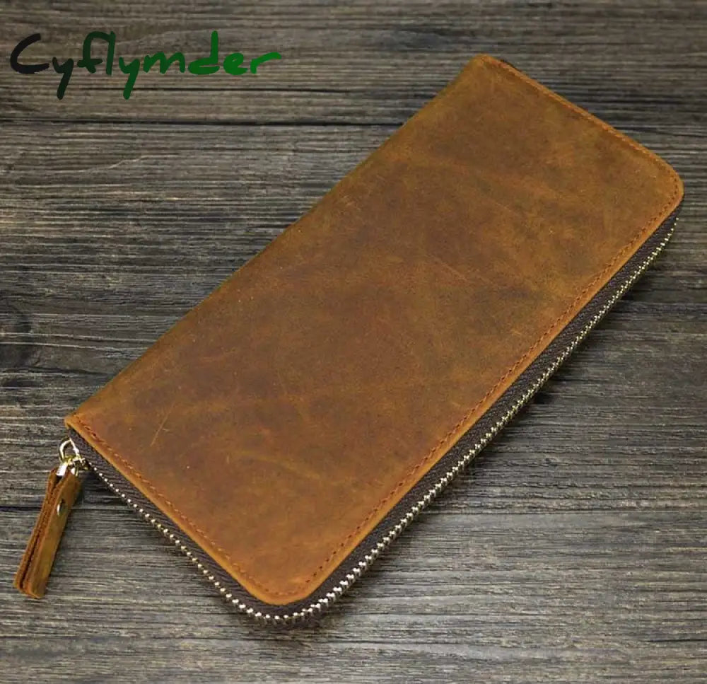 Cyflymder Double Zipper Women Men Long Wallet Vintage Leather Male Clutch Purse Man Phone Card Coin