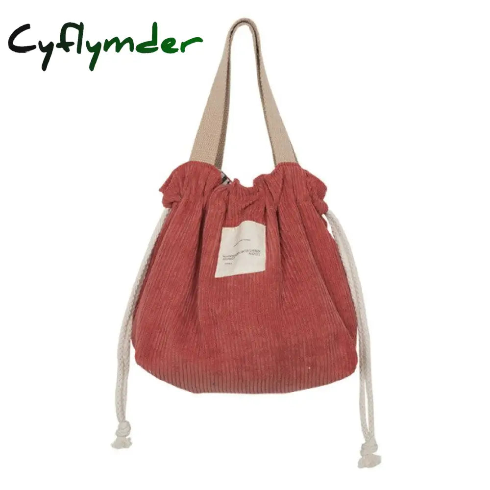 Cyflymder Drawstring Corduroy Portable Lunch Bag Japanese Box Solid Color Canvas Women Small Eco