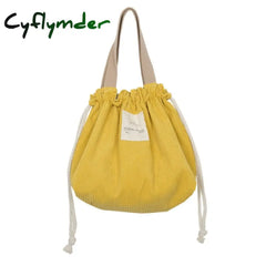 Cyflymder Drawstring Corduroy Portable Lunch Bag Japanese Box Solid Color Canvas Women Small Eco