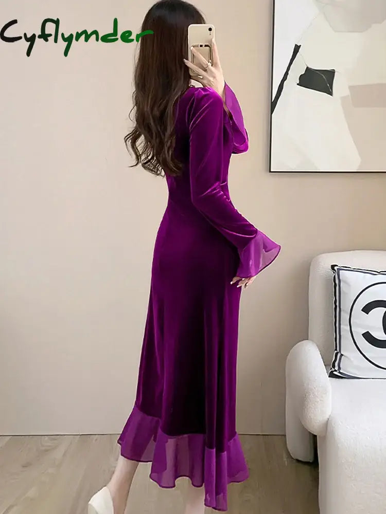 Cyflymder Dress To Impress Autumn Winter Red Velvet Flare Sleeve Midi Dress Women Elegant Ruffled