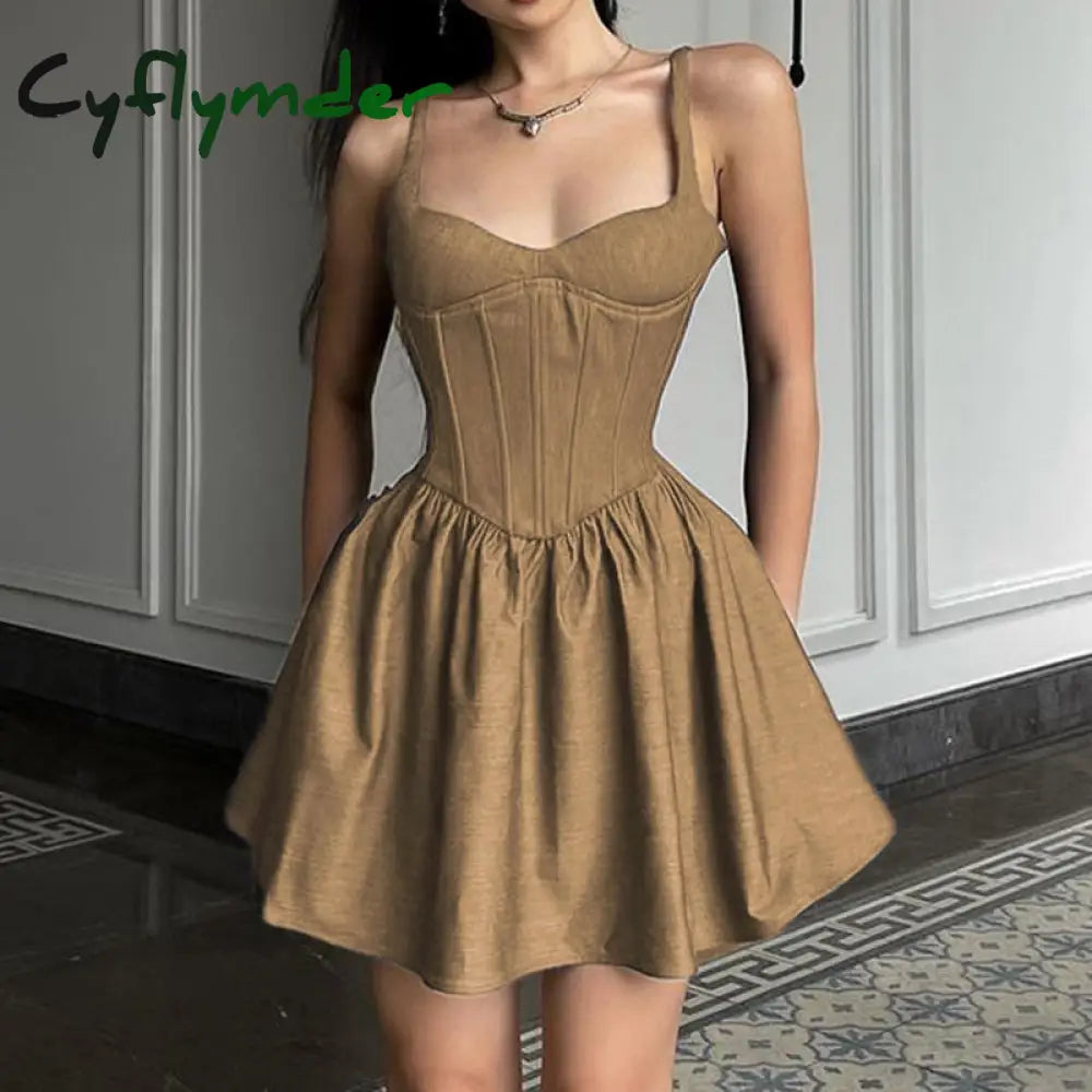Cyflymder Elegant Chiffon Corset Dress Brown Flare Long Sleeve Mini Dresses Vacation Short Party Dress Ruffles Slash