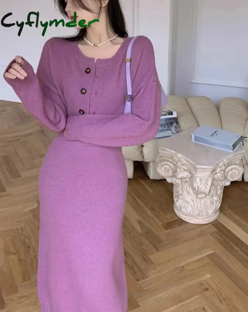 Cyflymder DRESS TO IMPRESS Elegant Red Knitting Dress Women Korean Fashion Office Lady Two Piece Dress Female Winter