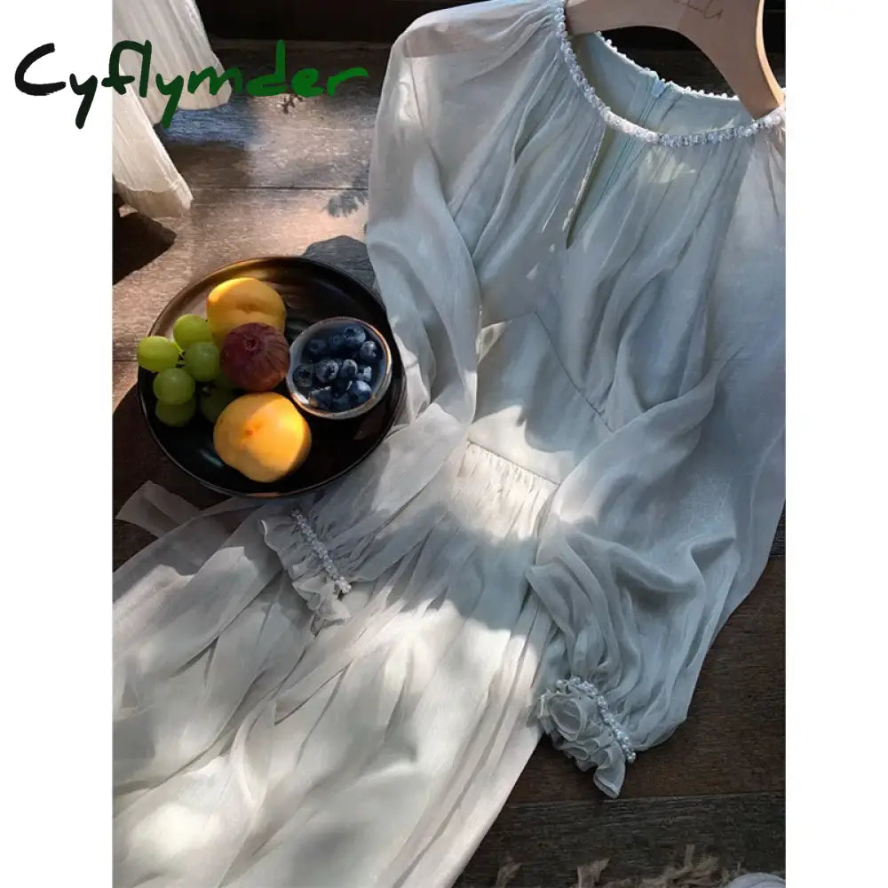 Cyflymder Dress To Impress French Elegant Beading Dress Autumn Casual Chiffon Long Office Lady