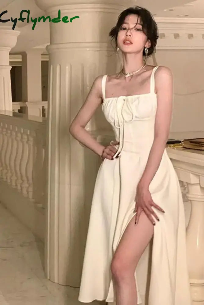 Cyflymder DRESS TO IMPRESS French Elegant White Strap Midi Dress Summer New Casual Evening Party Dress Women Beach