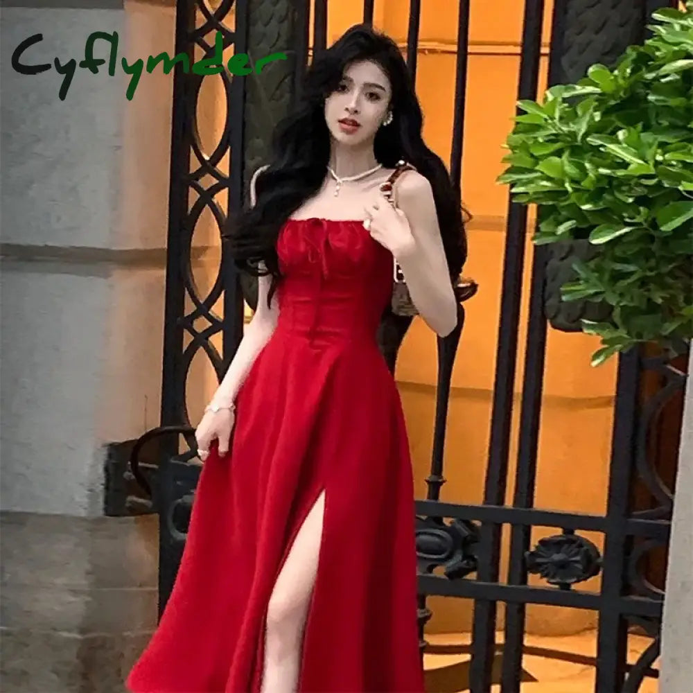 Cyflymder DRESS TO IMPRESS French Elegant White Strap Midi Dress Summer New Casual Evening Party Dress Women Beach