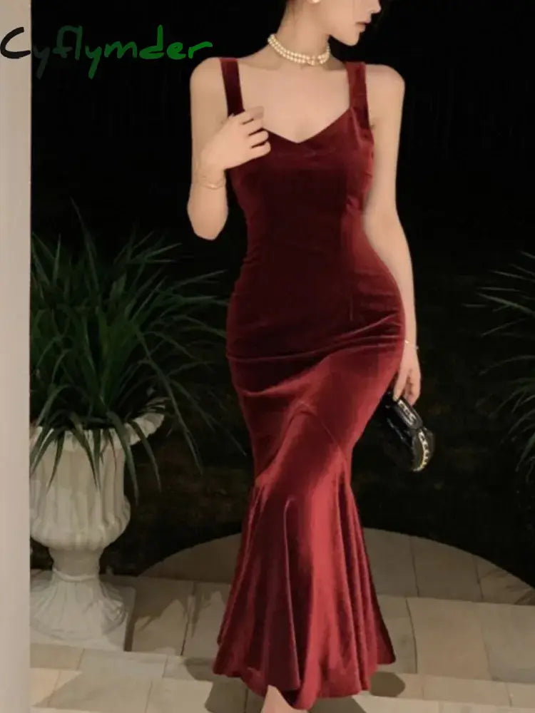 Cyflymder DRESS TO IMPRESS French Style Vintage Wine Red Camisole Long Dress Elegant Women Spring Autumn Solid Slim