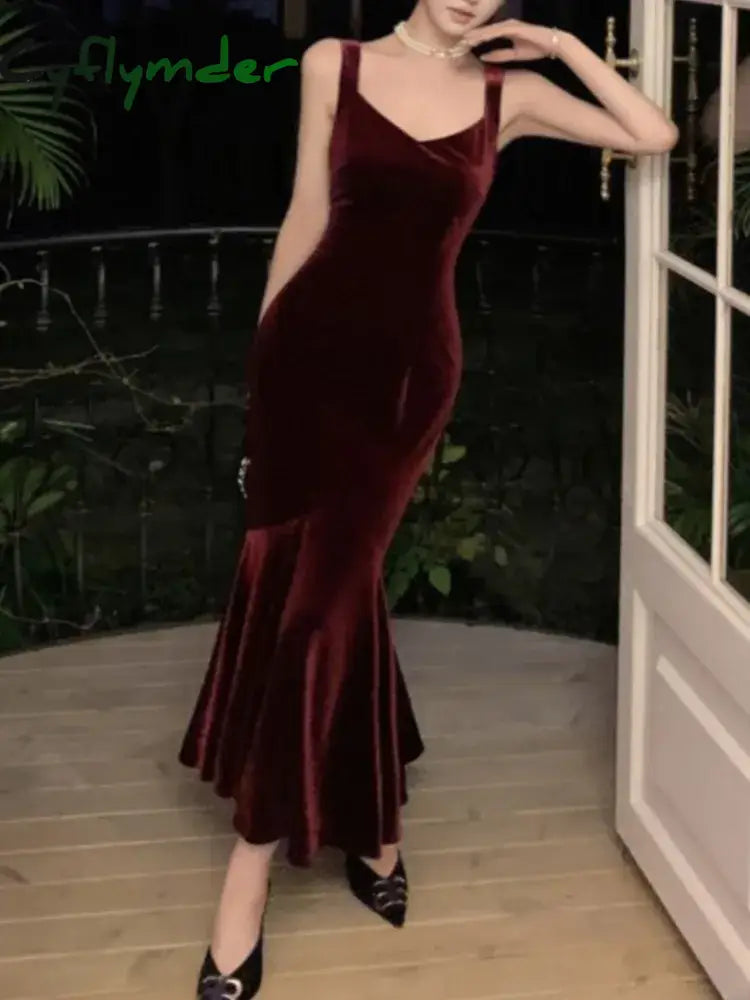 Cyflymder DRESS TO IMPRESS French Style Vintage Wine Red Camisole Long Dress Elegant Women Spring Autumn Solid Slim
