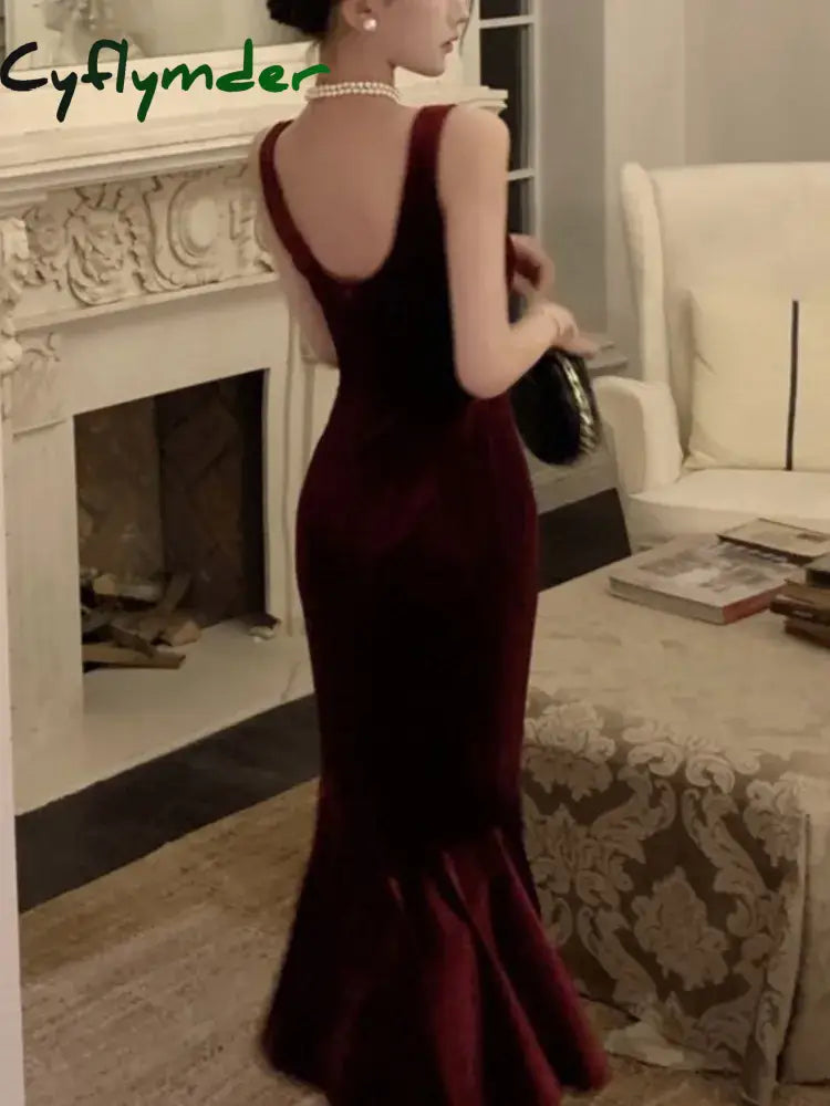 Cyflymder DRESS TO IMPRESS French Style Vintage Wine Red Camisole Long Dress Elegant Women Spring Autumn Solid Slim