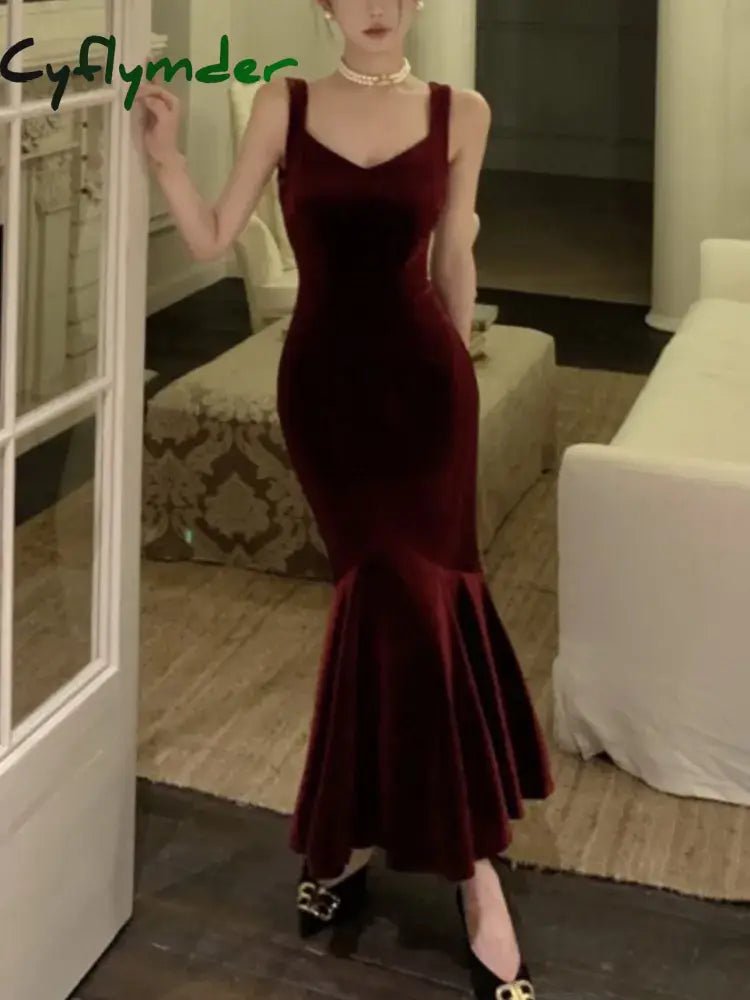 Cyflymder DRESS TO IMPRESS French Style Vintage Wine Red Camisole Long Dress Elegant Women Spring Autumn Solid Slim