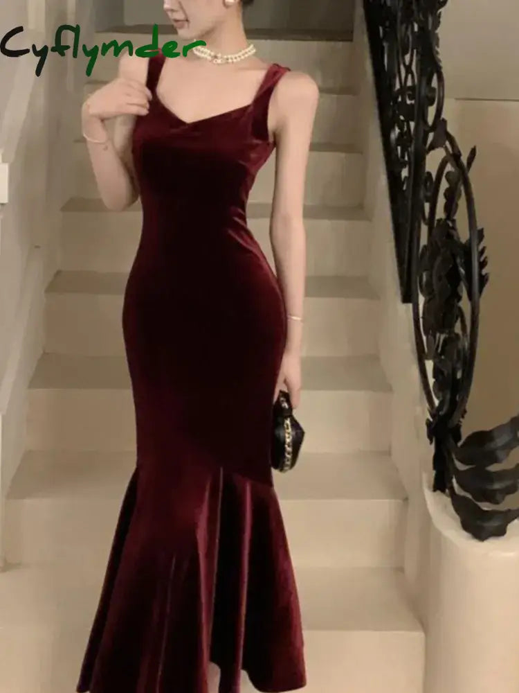 Cyflymder DRESS TO IMPRESS French Style Vintage Wine Red Camisole Long Dress Elegant Women Spring Autumn Solid Slim