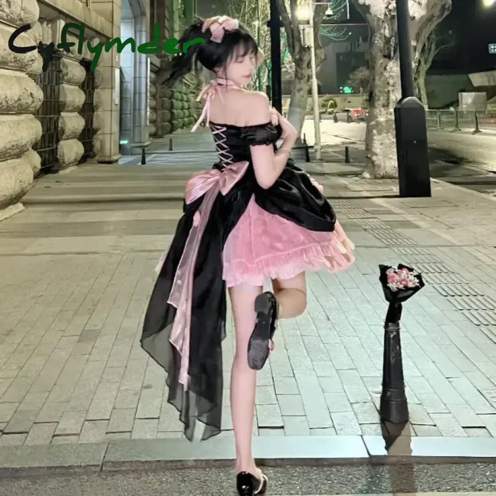 Cyflymder DRESS TO IMPRESS Japanese Gothic Lolita Dress Women Kawaii Bow Bear Lace Pink Black Off Shoulder Princess