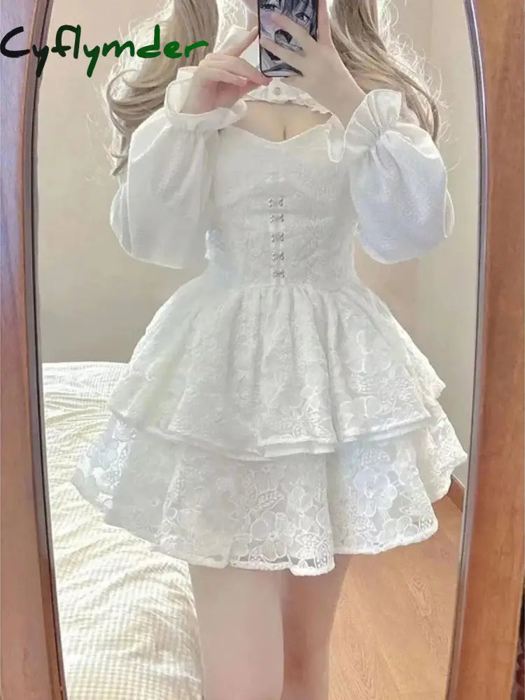 Cyflymder DRESS TO IMPRESS Japanese Kawaii Lolita Dress Women Elegant Sweet Lace Ruffles White Strap Dresses Sexy
