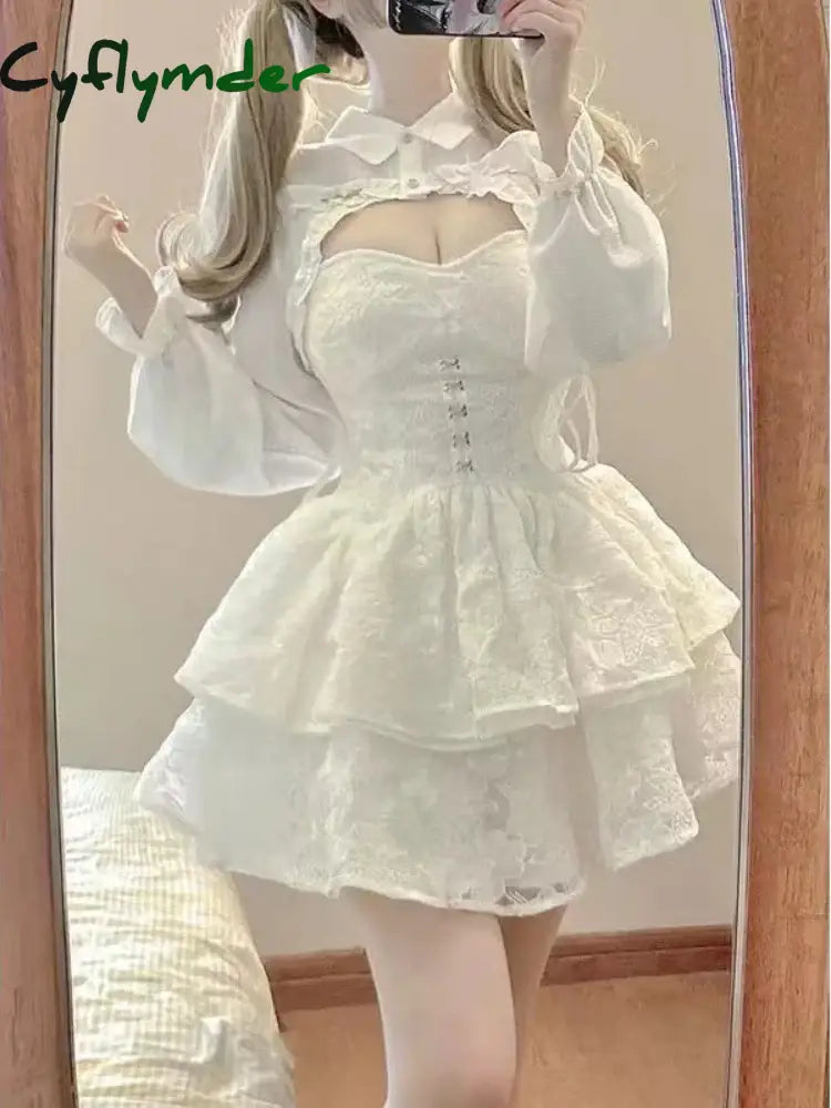 Cyflymder DRESS TO IMPRESS Japanese Kawaii Lolita Dress Women Elegant Sweet Lace Ruffles White Strap Dresses Sexy