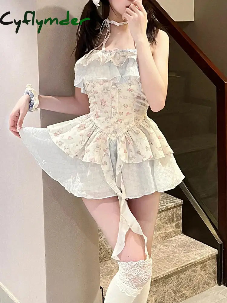 Cyflymder Dress To Impress Japanese Sweet Floral 2 Piece Set Women Causal Lace Print Strap Dress +