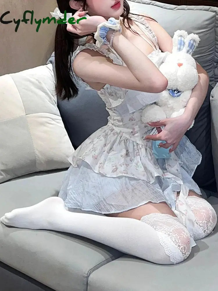 Cyflymder Dress To Impress Japanese Sweet Floral 2 Piece Set Women Causal Lace Print Strap Dress +