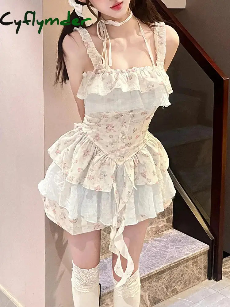 Cyflymder Dress To Impress Japanese Sweet Floral 2 Piece Set Women Causal Lace Print Strap Dress +