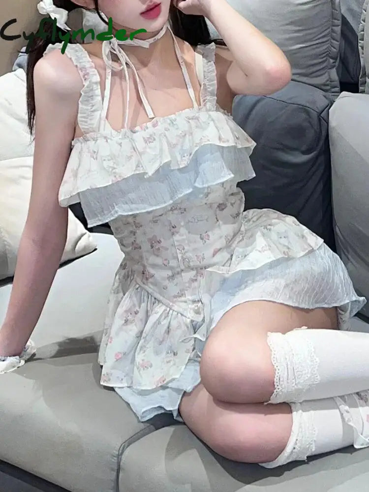 Cyflymder Dress To Impress Japanese Sweet Floral 2 Piece Set Women Causal Lace Print Strap Dress +