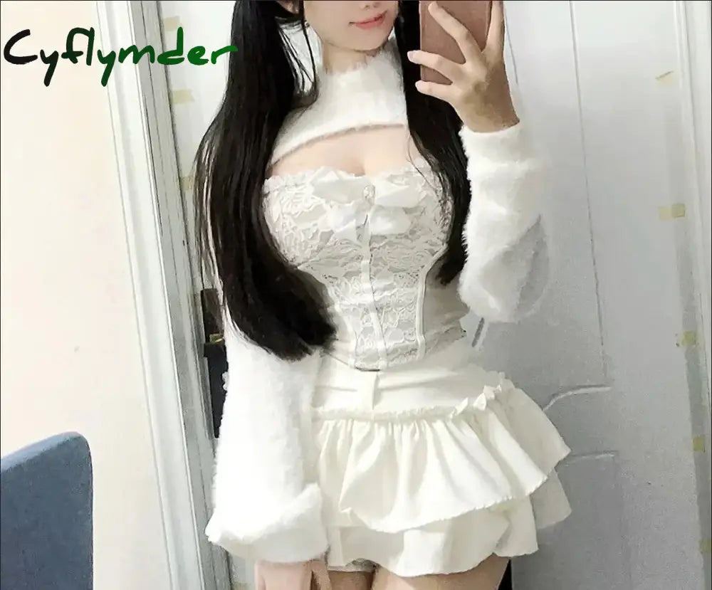 Cyflymder DRESS TO IMPRESS Kawaii 3 Pieces Set Women Grunge Suit Y2k Aesthetic Crop Pullover + Lace Sexy Bow Vest