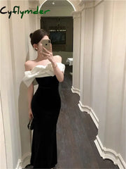 Cyflymder DRESS TO IMPRESS Mermaid Dresses Women Sexy Slash Neck Off Shoulder Ruffles Patchwork Elegant Slim Evening