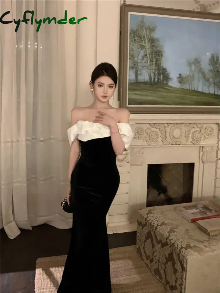 Cyflymder DRESS TO IMPRESS Mermaid Dresses Women Sexy Slash Neck Off Shoulder Ruffles Patchwork Elegant Slim Evening