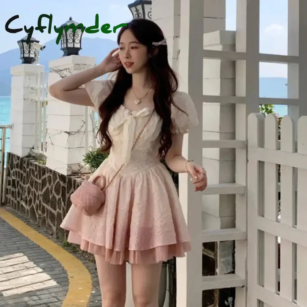 Cyflymder DRESS TO IMPRESS Pink Gradient Color Kawaii Lolita Dress Girl France Sweet Bow Casual Slim Party Mini Dresses