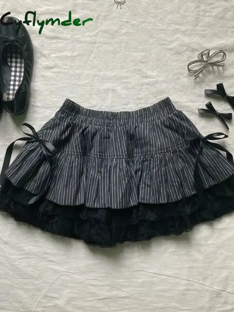 Cyflymder DRESS TO IMPRESS Punk Y2k Skirts Women Clothes Goth Sexy Ropa Aesthetic Stripe High Waist Lace Bow MIni