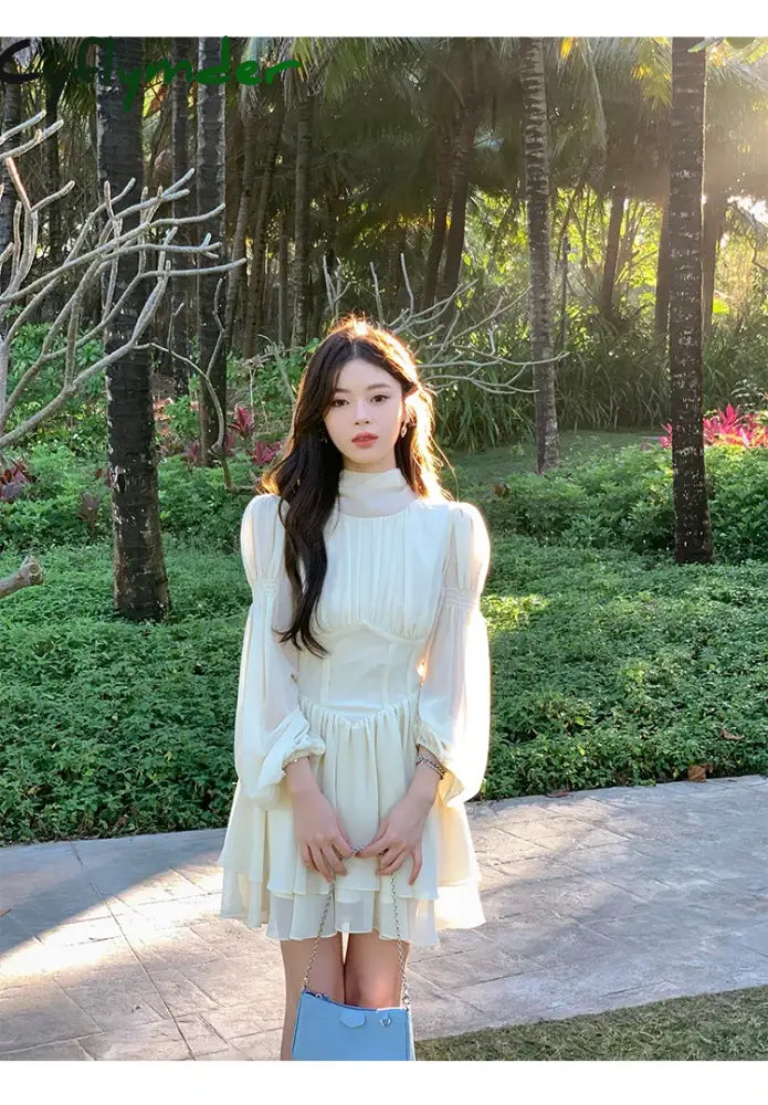 Cyflymder DRESS TO IMPRESS Solid Elegant Chiffon Fairy Dress Women Summer Casual Puff Sleeve Party Dresses Female