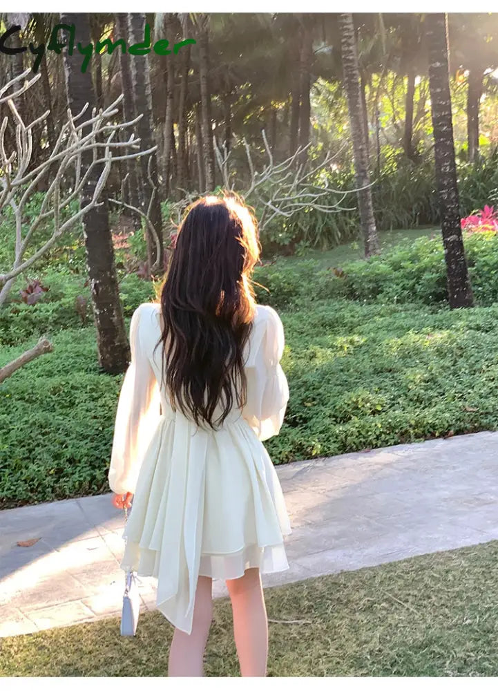 Cyflymder DRESS TO IMPRESS Solid Elegant Chiffon Fairy Dress Women Summer Casual Puff Sleeve Party Dresses Female