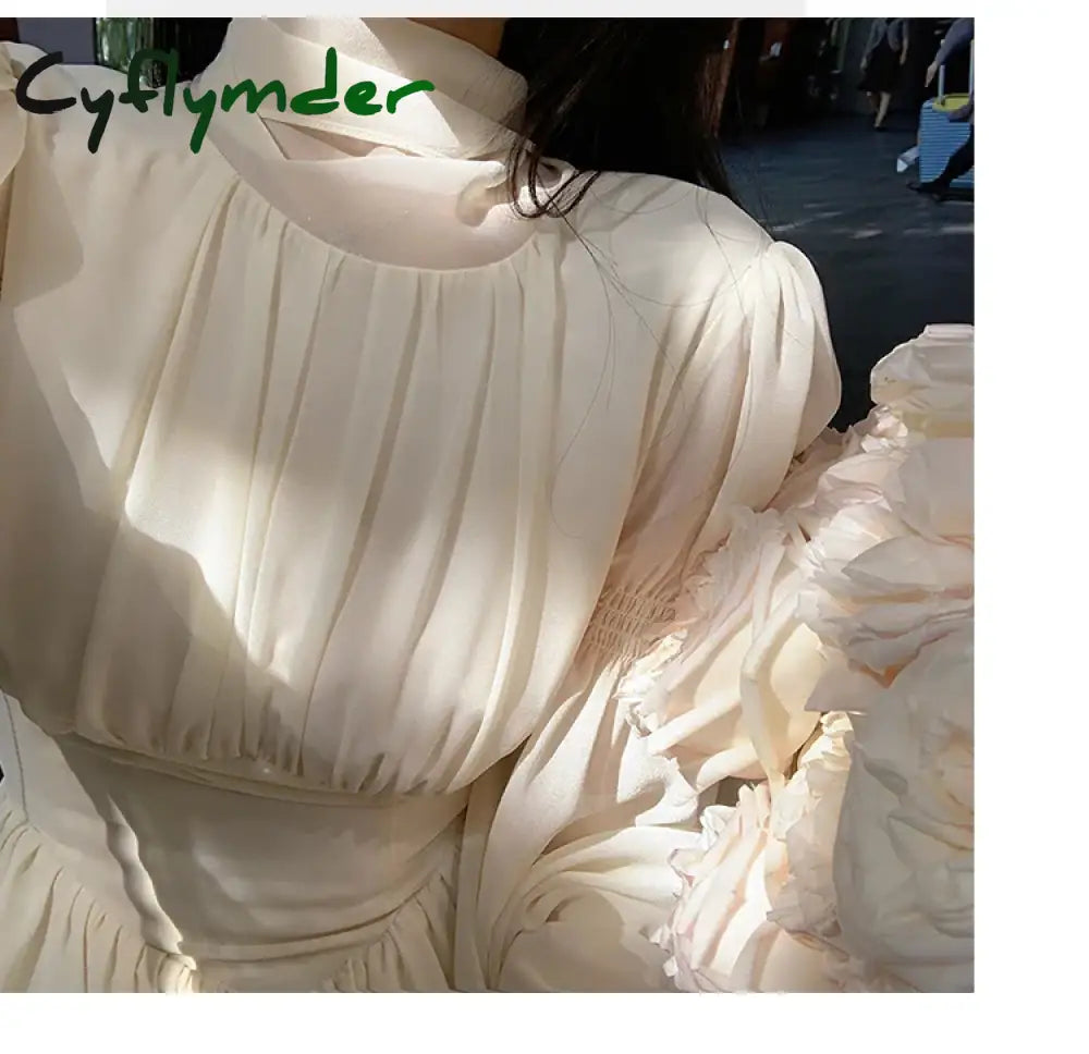 Cyflymder DRESS TO IMPRESS Solid Elegant Chiffon Fairy Dress Women Summer Casual Puff Sleeve Party Dresses Female