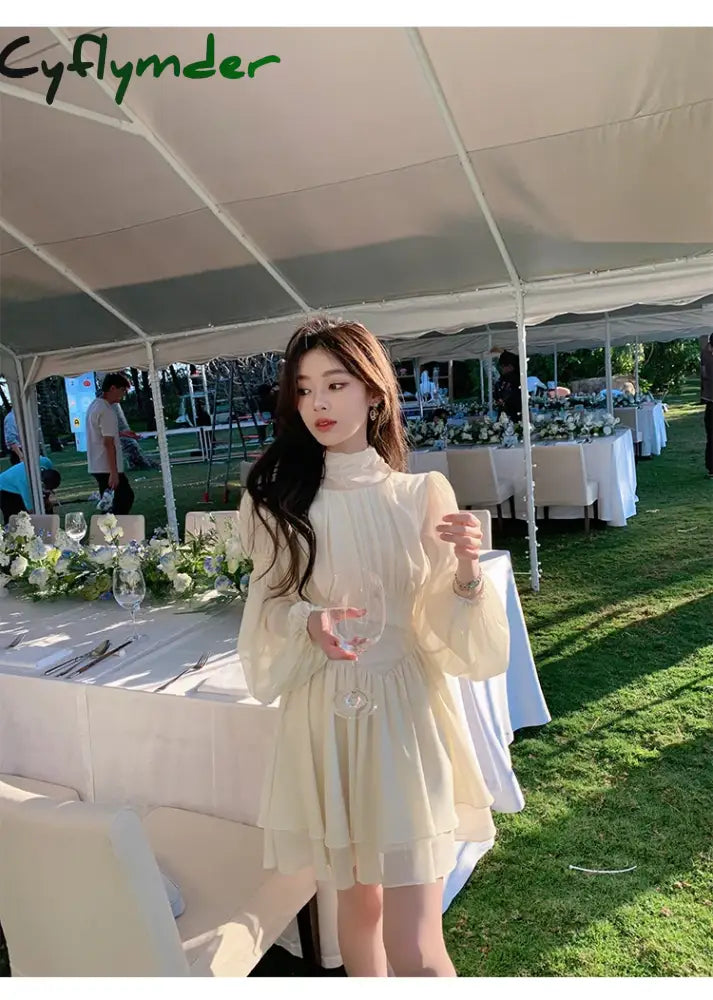 Cyflymder DRESS TO IMPRESS Solid Elegant Chiffon Fairy Dress Women Summer Casual Puff Sleeve Party Dresses Female