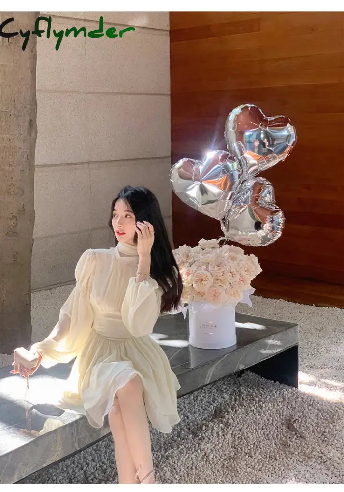 Cyflymder DRESS TO IMPRESS Solid Elegant Chiffon Fairy Dress Women Summer Casual Puff Sleeve Party Dresses Female