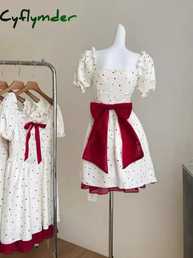 Cyflymder DRESS TO IMPRESS Summer New Sweet Mini Dresse French Square Collar Princess Bow Short Sleeve Dress Women