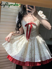 Cyflymder DRESS TO IMPRESS Summer New Sweet Mini Dresse French Square Collar Princess Bow Short Sleeve Dress Women