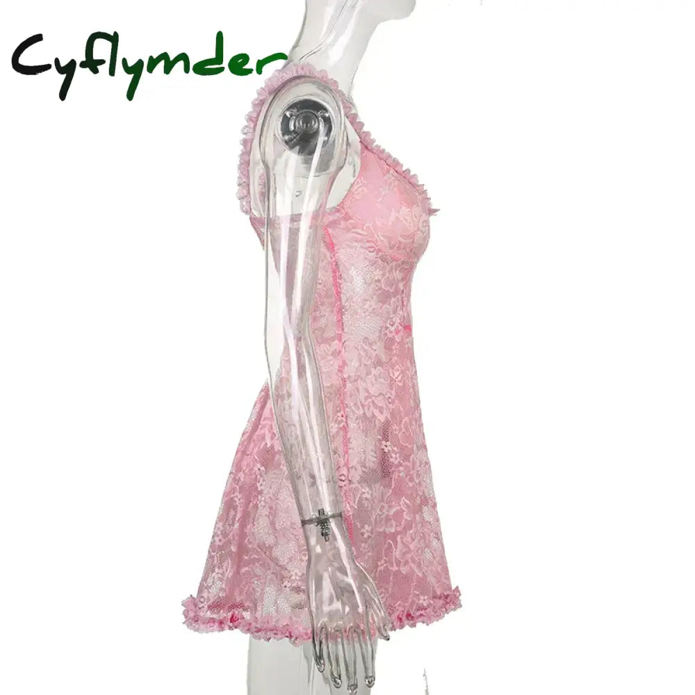 Cyflymder DRESS TO IMPRESS Sweet Cute Lace Cami Dress See Through Sexy Slim Sleeveless Ruffles Bow A-Line Mini Dresses