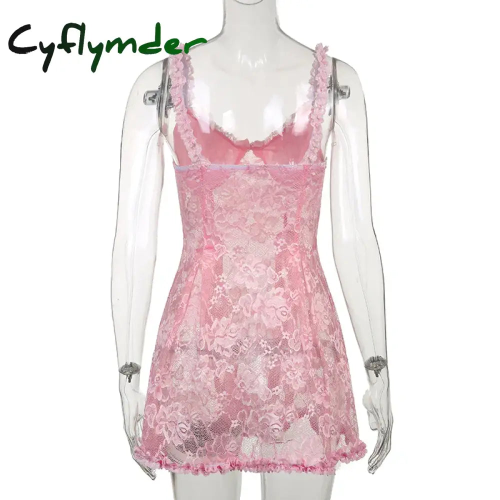Cyflymder DRESS TO IMPRESS Sweet Cute Lace Cami Dress See Through Sexy Slim Sleeveless Ruffles Bow A-Line Mini Dresses