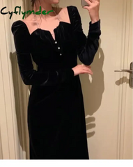 Cyflymder DRESS TO IMPRESS Vintage Black Velvet Evening Party Dress Elegant Long Sleeve Y2k Hollow Out Midi Dresses