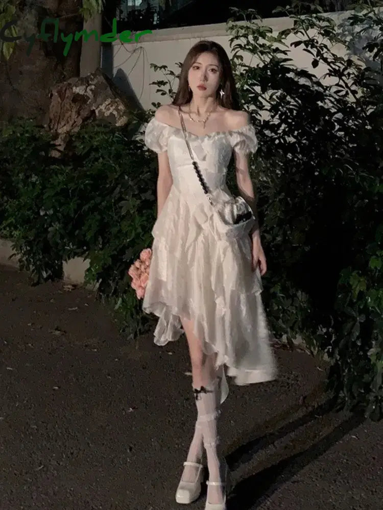 Cyflymder DRESS TO IMPRESS Vintage White Dress Summer New Ruffle Irregular Dress Y2K Sweet Young Mini Dress vestidos de