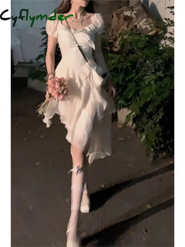 Cyflymder DRESS TO IMPRESS Vintage White Dress Summer New Ruffle Irregular Dress Y2K Sweet Young Mini Dress vestidos de