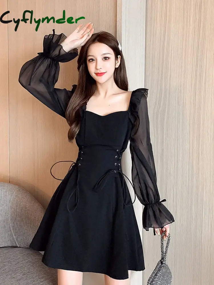 Cyflymder Dress To Impress Women Dress Summer Elegant Square Collar Long Sleeve Chiffon Patchwork