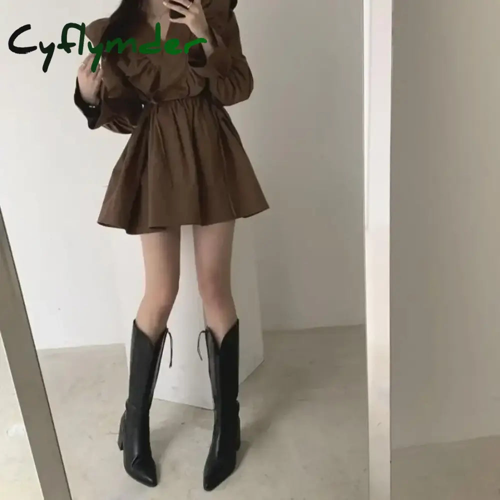 Cyflymder Dresses for Women Spring Short Mini Clothes Ruffle Woman Dress Long Sleeve Outfits Summer Cheap Casual Retro