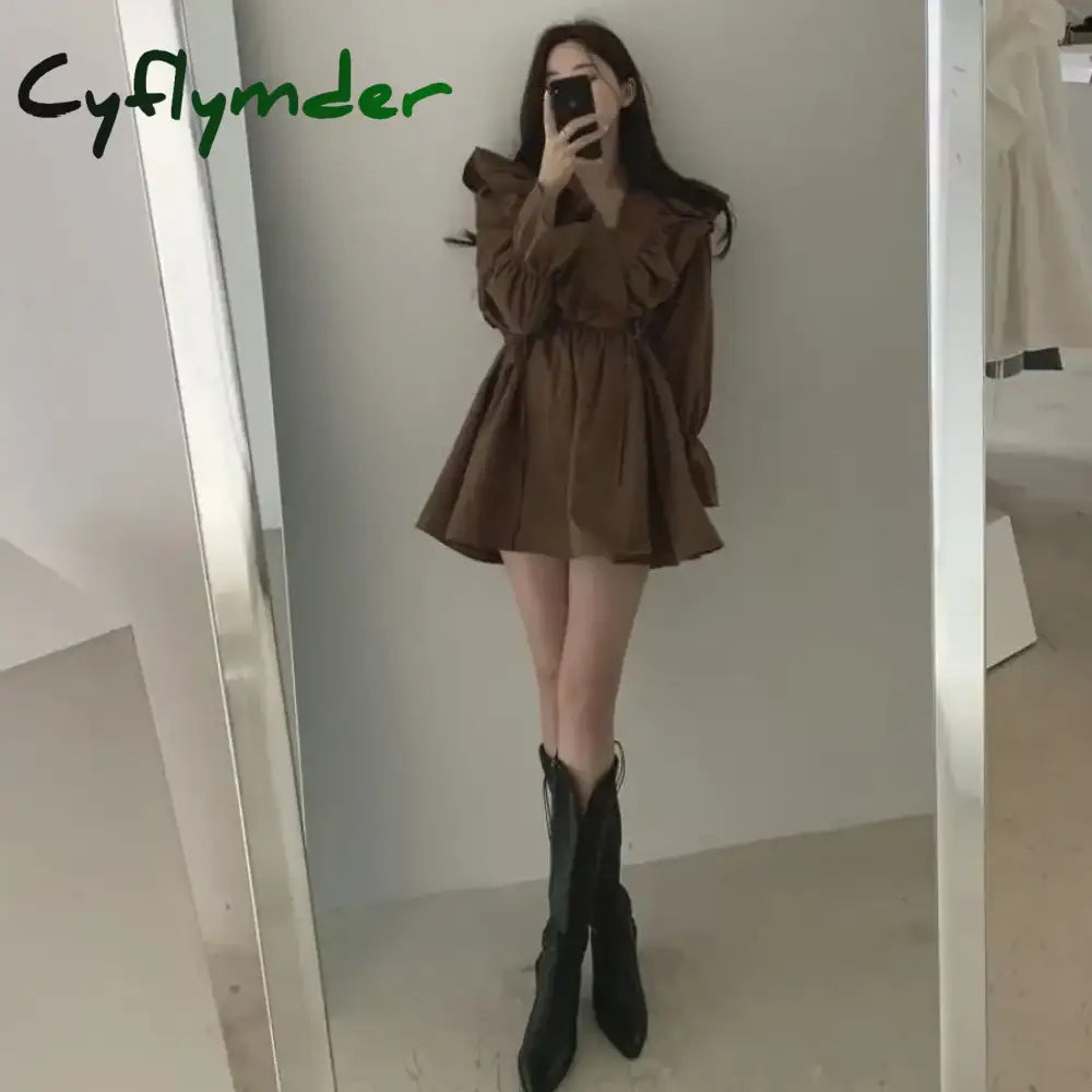 Cyflymder Dresses for Women Spring Short Mini Clothes Ruffle Woman Dress Long Sleeve Outfits Summer Cheap Casual Retro