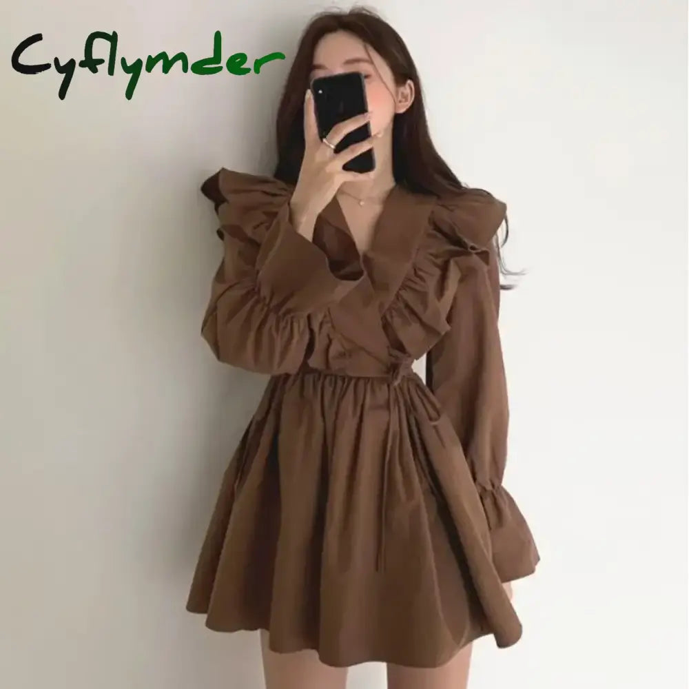 Cyflymder Dresses for Women Spring Short Mini Clothes Ruffle Woman Dress Long Sleeve Outfits Summer Cheap Casual Retro