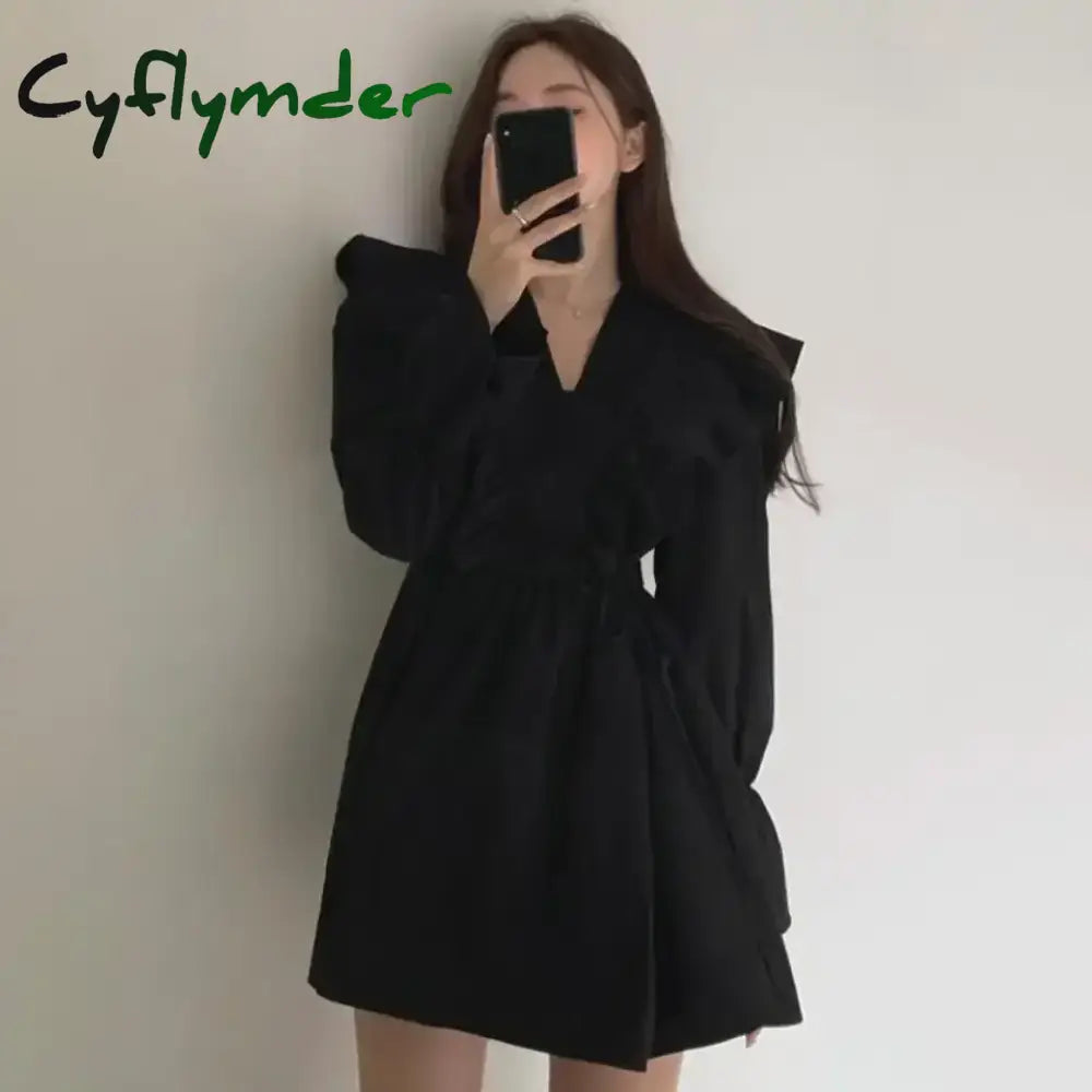 Cyflymder Dresses for Women Spring Short Mini Clothes Ruffle Woman Dress Long Sleeve Outfits Summer Cheap Casual Retro